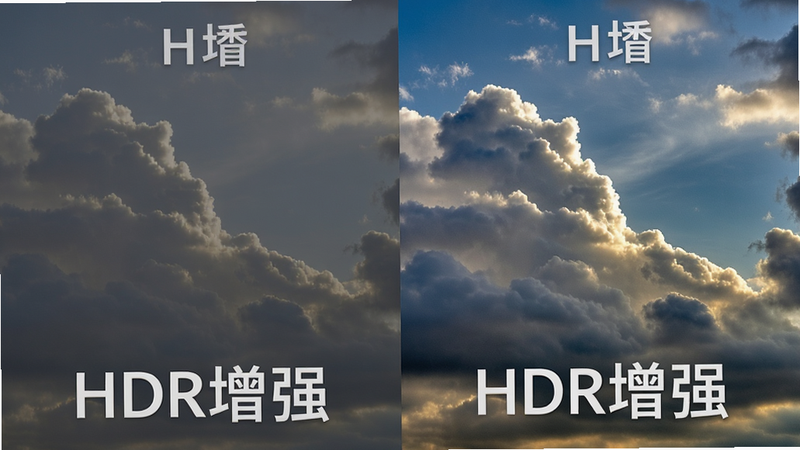 全景秀HDR效果对比图,主体为左右分割的画面,左侧普通曝光,右侧HDR增强效果,布局对称,排版直观,风格写实摄影风,细节展示云层高光与阴影细节的丰富度,画质清晰,干净,无多余元素,文字显示