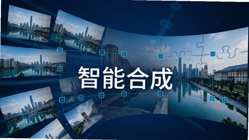 全景秀智能合成功能演示,主体为多张碎片化照片正在自动拼合成一张完整的全景图,布局呈现动态流动感,排版紧凑,风格科技感蓝色调,细节展示拼接过程中的网格线与对齐标记,画质细腻,干净,无多余元素,文字显示