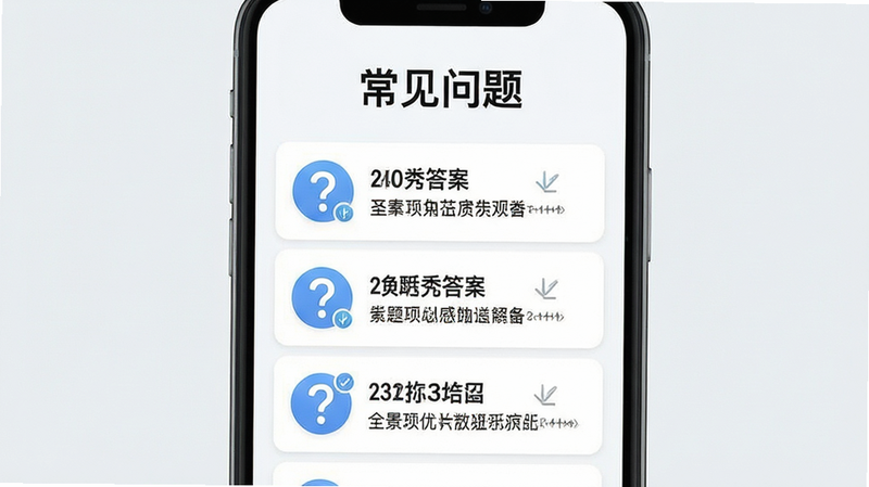 全景秀新手常见问题解答图示,主体为手机屏幕显示FAQ列表,布局纵向排列,排版清晰,风格清新简约,细节展示问号和答案图标,画质明亮,干净,无多余元素,文字显示