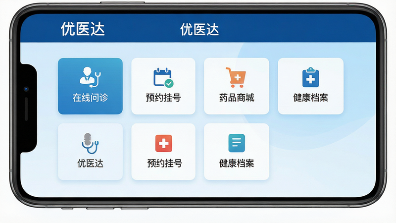 主体为优医达APP界面全景展示,布局采用扁平化设计,顶部为深蓝色导航栏显示“优医达”白色文字Logo,中间区域清晰排列“在线问诊”、“预约挂号”、“药品商城”、“健康档案”四个核心功能卡片,背景为浅蓝色渐变,风格现代简洁,细节处体现医疗行业的专业与洁净,画质高清,干净无多余元素,文字“优医达”清晰可见