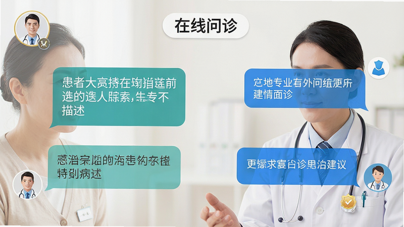 主体为医生与患者在线对话界面特写,布局左侧为患者发送的病情描述气泡,右侧为医生回复的专业建议气泡,背景为柔和的灰白色,风格温馨专业,细节处显示医生头像和认证标识,画质清晰,干净,文字“在线问诊”作为标签出现