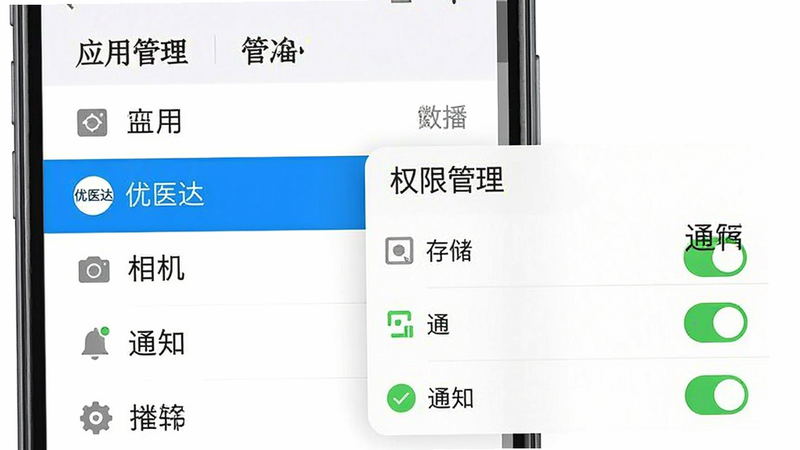 主体为手机设置界面截图风格,布局展示“应用管理”列表,其中“优医达”被高亮选中,下方弹出“权限管理”菜单,包含“相机”、“存储”、“通知”等选项均显示为开启状态,背景为纯白,风格简洁直观,细节处有绿色对勾图标,画质清晰,干净,文字“权限管理”清晰可见