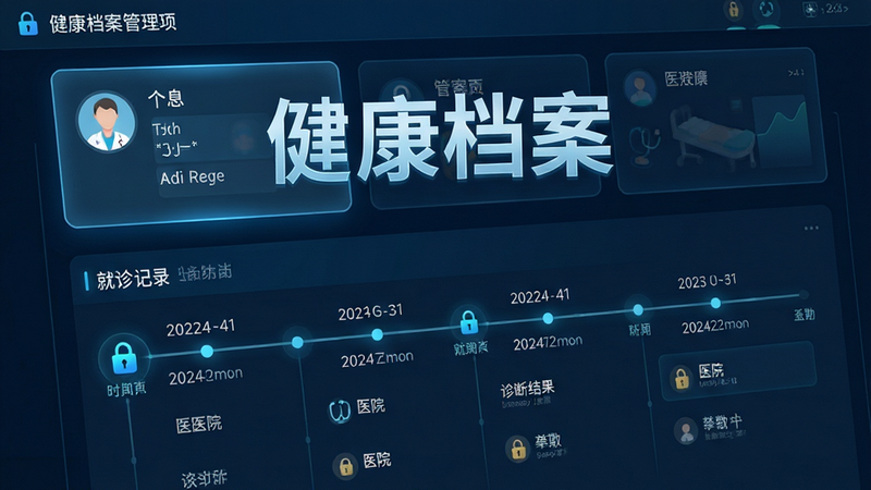 主体为健康档案管理页面,布局上方为个人信息卡片,下方为时间轴形式的就诊记录列表,包含日期、医院、诊断结果等关键字段,风格科技感与医疗感结合,细节处有锁形图标表示数据加密,画质高清,干净,文字“健康档案”醒目显示
