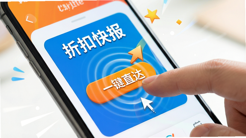主体为手指点击手机屏幕的动作,屏幕显示“折扣快报”内的“一键直达”按钮,布局聚焦于交互瞬间,排版动感,风格明亮活泼,细节包含点击涟漪特效与跳转箭头,画质细腻,干净,无多余元素