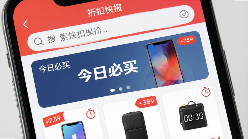 主体为手机屏幕特写,显示“折扣快报”应用界面,布局清晰,顶部为搜索栏,中部为“今日必买”横幅,下方为商品卡片流,排版整齐,风格扁平化现代UI,细节包含红色价格标签与倒计时图标,画质高清,干净,无多余元素