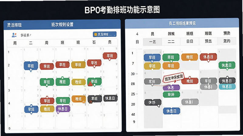 ����ΪBPO�����Ű๦��ʾ��ͼ������չʾ����ͼ����������ɫ���֣��Ű�������ҷ��������Ϊ��ι������ã��Ҳ�ΪԱ���Ű���Ԥ�������Ϊ��ƽ����ƣ�ϸ����ʾ��ͬ��ɫ������ࡢ���ࡢ��Ϣ�գ����ֱ�ע