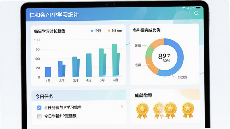 �ʺͻ��APP��ѧϰͳ��ҳ�棬չʾ��״ͼ��ʽ��ÿ��ѧϰʱ�����ƣ��Լ�����ͼչʾ����Ŀ��ɱ���������������������񡱺͡��ɾͻ��¡�ģ�飬ɫ�ʴ����г�����ݿ��ӻ�������������࣬4K���壬�޶���Ԫ��