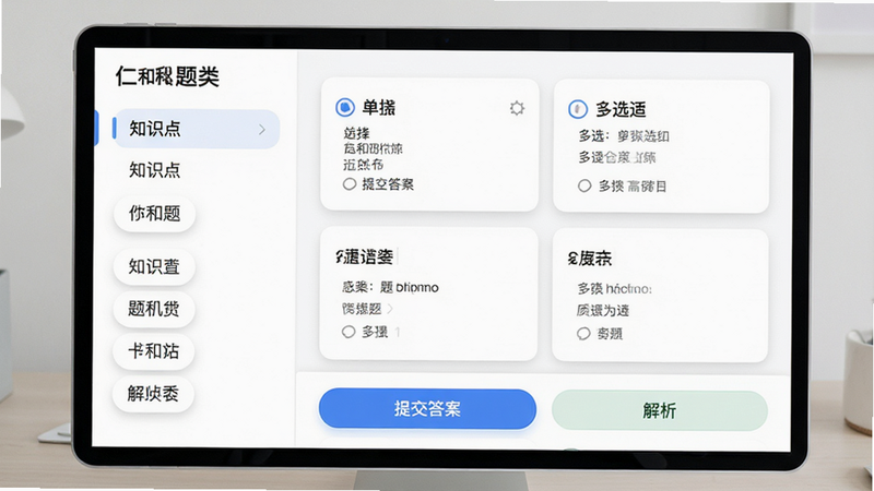 չʾ�ʺͻ��APP�ڵ������ϰ���棬���Ϊ֪ʶ������б����Ҳ�Ϊ��Ŀ��Ƭ��������ѡ�⡢��ѡ������ͣ������·��С��ύ�𰸡��͡���������ť�����������ִ������������׶�������Ϊ��ɫ��UIԪ�ش��������Ӱ��4K���壬�޶���Ԫ��