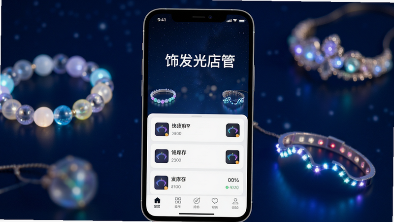 主体为手机屏幕特写,显示“饰发光店管”App界面,背景为深蓝色夜空与模糊的发光饰品光斑,布局清晰,顶部为状态栏,中部为库存列表,底部为导航栏,排版简洁现代,风格科技感与商业感结合,细节包含发光珠串、LED头饰图标,画质高清,干净,无多余元素,文字“饰发光店管”清晰可见