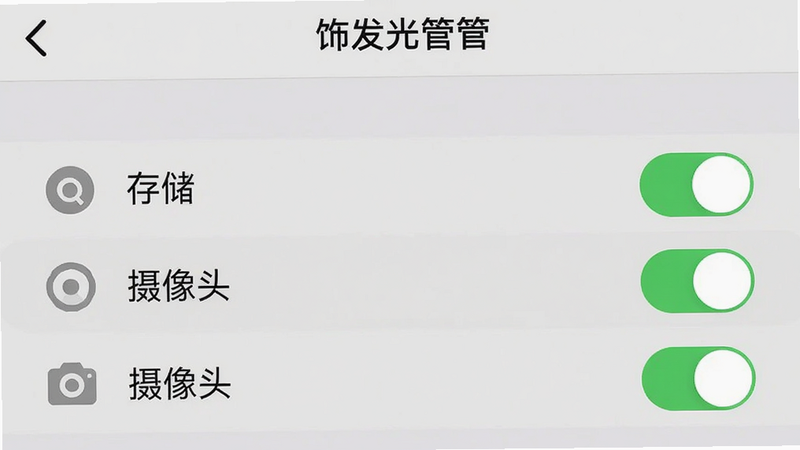 主体为手机设置界面截图,显示“饰发光店管”的权限管理页,高亮显示“存储”、“摄像头”权限开关为开启状态,背景为浅灰色,布局列表式,排版整齐,风格简洁扁平,细节包含权限图标、开关按钮,画质清晰,干净,无多余元素,文字“权限管理”清晰可见