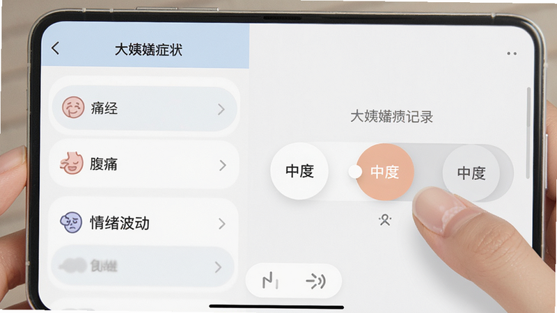 �������¾���¼App��֢״��¼ҳ�棬�����֢״�б��硰ʹ����������ʹ�������������������Ҳ��ǻ���ѡ�������û�����ѡ���жȡ���ʹ�����潻����Ȼ��ɫ����ͣ�ϸ�ھ���