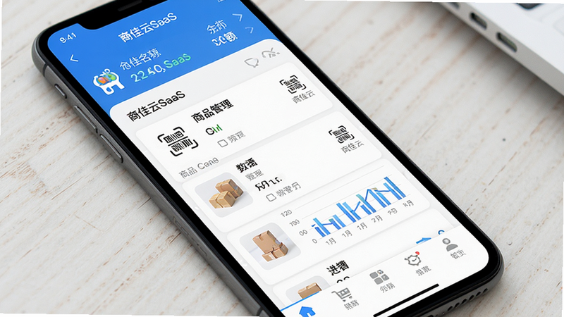 主体为商佳云SaaS手机应用界面,布局清晰,顶部显示店铺名称与余额,中部为商品管理列表,底部为进销存导航栏,风格简约商务蓝白配色,细节包含扫码图标与数据图表,画质高清,干净,无多余元素,文字