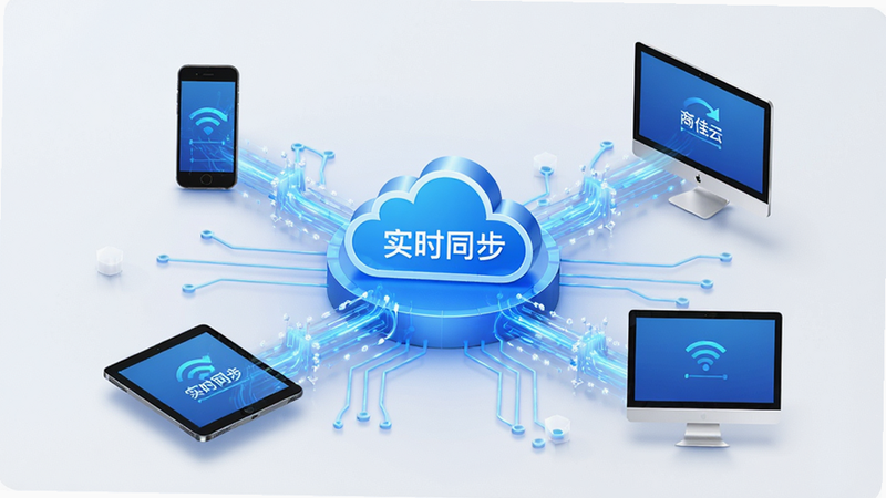主体为商佳云SaaS数据同步示意图,布局中心为云端图标,周围连接手机、平板与电脑,排版呈放射状,风格科技感蓝色线条,细节展示数据流动光效,画质清晰,干净,无多余元素,文字