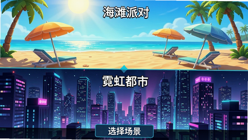 主体为游戏内的场景切换界面,上方是‘海滩派对’场景,阳光沙滩与遮阳伞清晰可见,下方是‘霓虹都市’场景,高楼大厦灯火通明,界面底部有‘选择场景’的文字标签,布局上下分层,排版规整,风格明快活泼,细节丰富,画质精致,干净,无多余元素