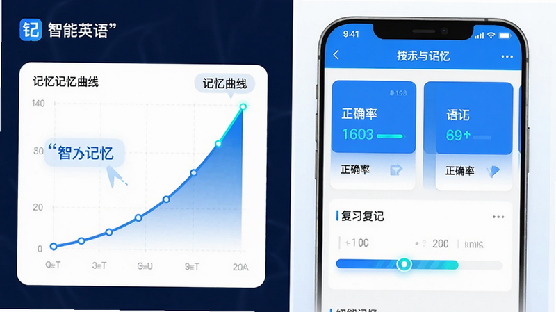 主体为“铭记英语”APP的功能演示图,布局分为左右两栏,左侧展示记忆曲线图表,右侧展示单词卡片界面,排版清晰,风格为科技感蓝色调,细节包含高亮的正确率数据和动态的复习进度条,画质清晰,干净,文字“智能记忆”加引号