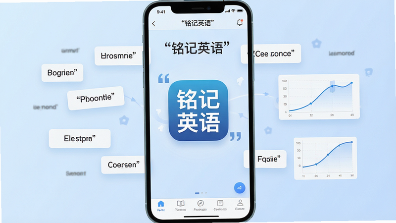 主体为“铭记英语”APP的界面全景图,布局采用中心对称设计,背景为柔和的淡蓝色渐变,中央突出显示应用图标,周围环绕着漂浮的英文单词卡片和记忆曲线图表,排版整洁有序,风格为现代扁平化UI设计,细节包含清晰的导航栏和底部标签,画质高清,干净无多余元素,文字“铭记英语”加引号