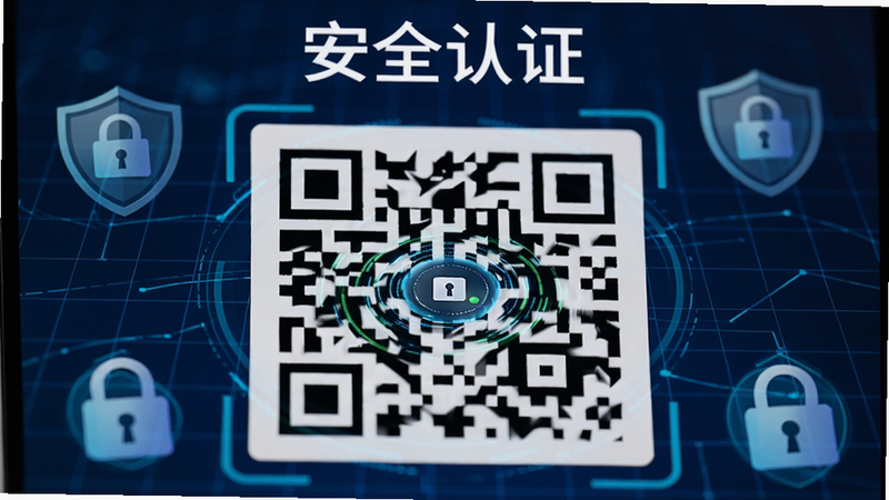 主体为阿拉教师码二维码特写,布局聚焦于屏幕中央的二维码图案,周围环绕着象征安全与认证的盾牌图标和锁形图标,背景为深蓝色科技网格,风格严谨专业,细节展现二维码的动态刷新效果,画质超清,干净利落,文字“安全认证”位于顶部