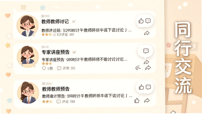 主体为阿拉教师码社区界面,布局为信息流形式,显示多条教师发布的讨论帖和专家讲座预告,头像均为卡通化的教师形象,背景为柔和的米白色,风格温馨活跃,细节处展示点赞和评论图标,画质柔和,干净有序,文字“同行交流”位于侧边
