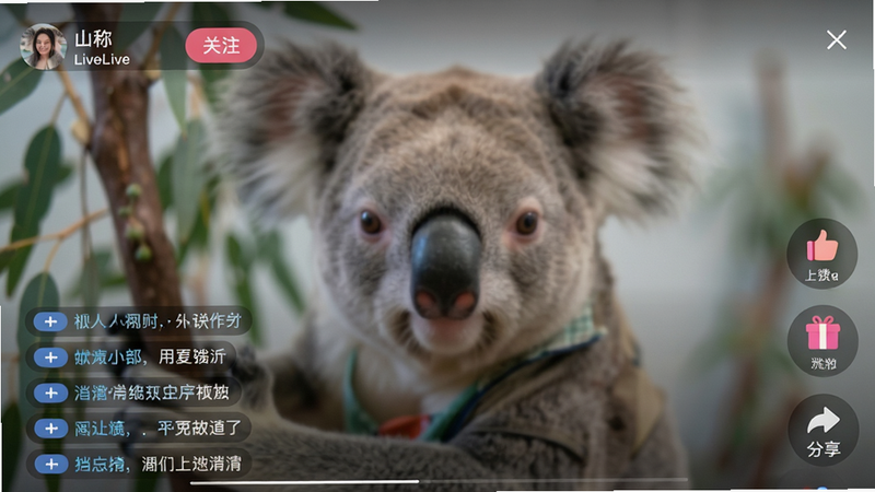考拉Live直播播放界面特写,显示全屏视频画面,底部有半透明弹幕滚动条,右侧悬浮互动按钮(点赞、礼物、分享),左上角显示主播昵称与关注按钮,背景为模糊的直播场景,风格现代简洁,画质清晰,无多余装饰,干净