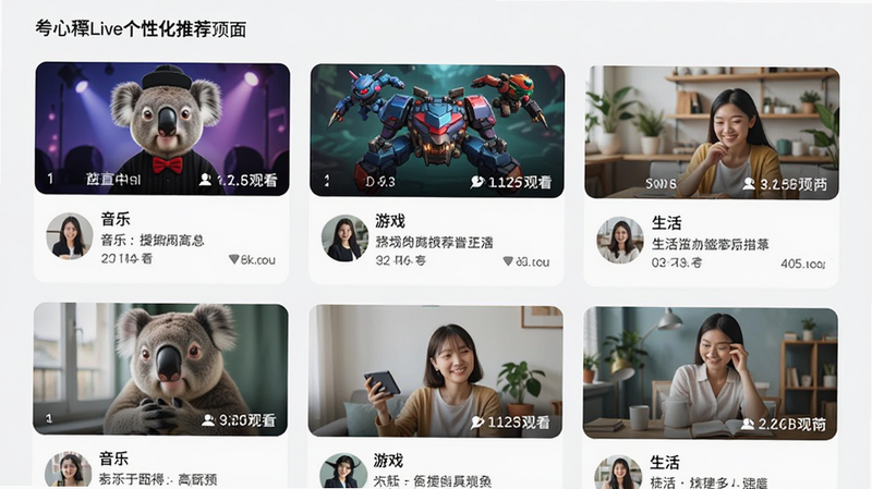 考拉Live个性化推荐页面预览,展示多个不同类别的直播推荐卡片,如“音乐”、“游戏”、“生活”,每个卡片包含主播头像、简短介绍和观看人数,布局整齐,风格清新,画质清晰,无多余元素,干净