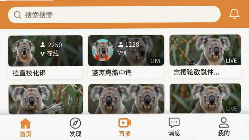 考拉Live安卓应用主界面预览图,展示直播列表页,布局清晰,包含顶部搜索栏、中间直播卡片网格(显示主播头像、实时在线人数、直播标题),底部导航栏包含“首页”、“发现”、“直播”、“消息”、“我的”五个图标,风格为扁平化设计,配色以暖橙色和白色为主,画质高清,无多余元素,干净