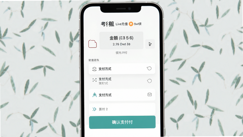 考拉Live充值支付界面预览,显示金额选择、支付方式列表、确认支付按钮,风格简洁现代,画质清晰,无多余元素,干净