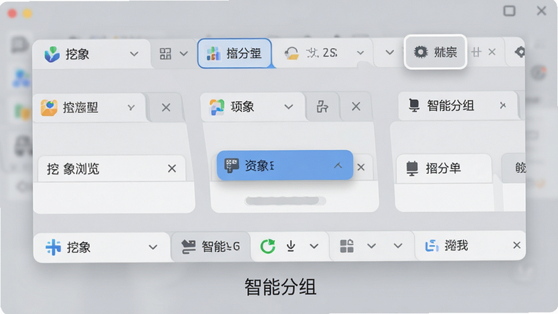 主体为挖象浏览器多标签页视图,多个标签页整齐排列,部分标签页被高亮选中,背景为柔和的灰色调,布局体现秩序感,排版清晰易读,风格为极简主义UI设计,细节展示标签页图标微阴影,画质高清,干净无杂乱元素,文字