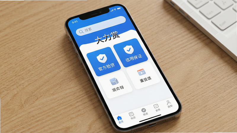一张高质量手机应用界面展示图,主体为“大力赏”APP首页,界面色调以科技蓝与白色为主,布局清晰,顶部为搜索栏,中间展示“官方验货”、“信用保证”等核心功能图标,底部为导航栏,风格扁平化、现代简约,细节精致,4k高清,无多余元素