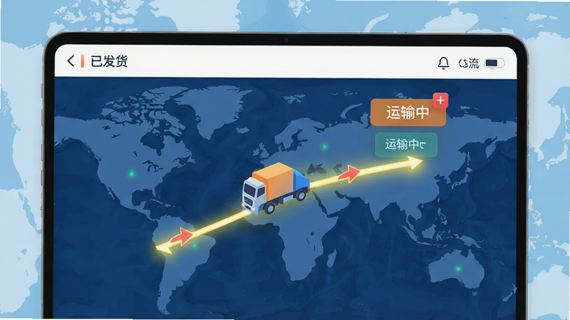 物流追踪界面示意图,主体为地图上的动态路线与卡车图标,路线发光显示,旁边显示“已发货”、“运输中”状态标签,界面UI简洁直观,背景为淡蓝色地图,风格扁平化、清晰,细节丰富,4k画质,无多余装饰