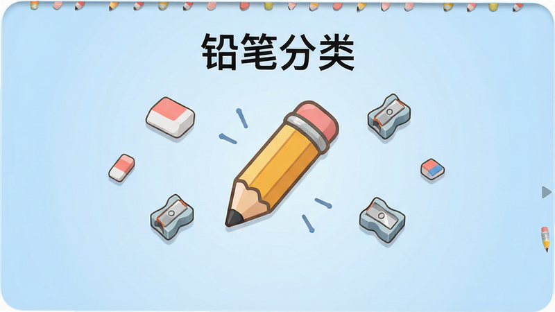 展示游戏主菜单界面,中央是一个巨大的铅笔图标,周围漂浮着橡皮擦和卷笔刀等小图标,背景为淡蓝色渐变,文字“铅笔分类”清晰可见,风格简约现代,布局居中,画质极高,无杂乱背景,无水印