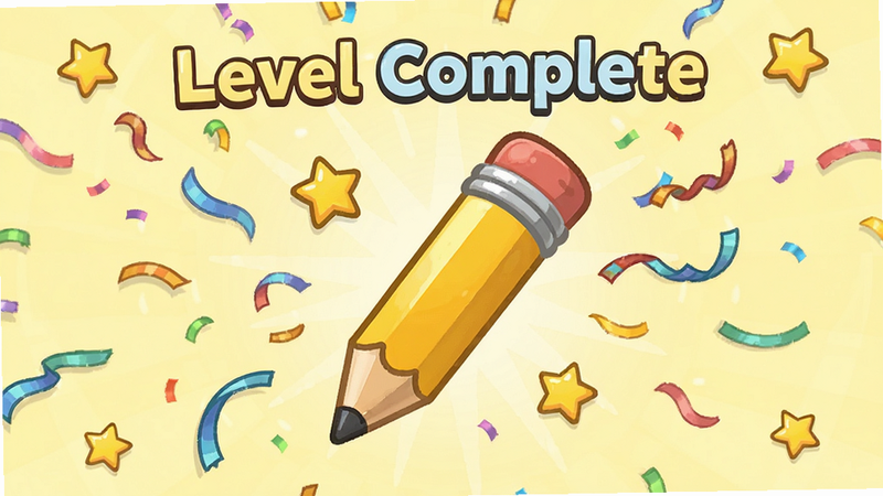 游戏通关结算界面,显示“Level Complete”,中间有一支巨大的金色铅笔,周围散落着星星和彩带,背景为淡黄色,风格欢快活泼,布局对称,画质清晰,无多余装饰,无文字