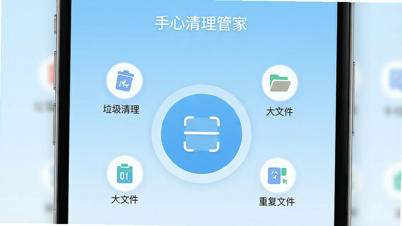 生成一张现代简约风格的软件界面预览图,主体为手机屏幕,显示“手心清理管家”APP的主界面。界面顶部显示软件名称“手心清理管家”,下方有大圆形扫描按钮,周围环绕着“垃圾清理”、“大文件”、“重复文件”等图标。背景为浅蓝色渐变,整体风格干净、扁平化,无多余装饰元素,高分辨率,清晰展示UI布局