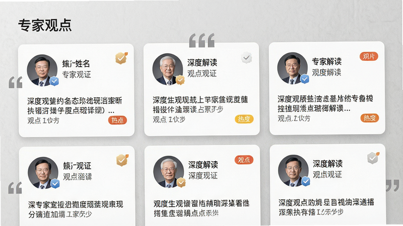 主体为“专家观点”版块界面,布局为卡片式排列,每张卡片包含专家头像、姓名、职称及观点摘要,排版优雅大气,风格为稳重的灰白色系,细节展示包含专家认证标识、观点热度标签,画质精细,干净,无多余元素,文字“深度解读”加引号,背景带有轻微纹理质感