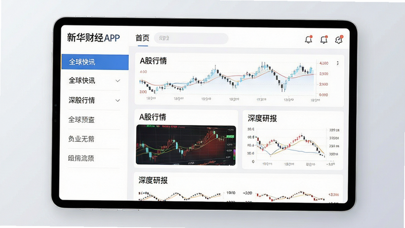 主体为新华财经APP界面预览图,布局采用左侧导航栏与右侧内容流设计,排版整洁有序,风格为现代商务极简主义,细节展示包含“全球快讯”、“A股行情”、“深度研报”等模块,画质高清,干净,无多余元素,文字清晰可读,背景为浅灰色渐变,突出专业感