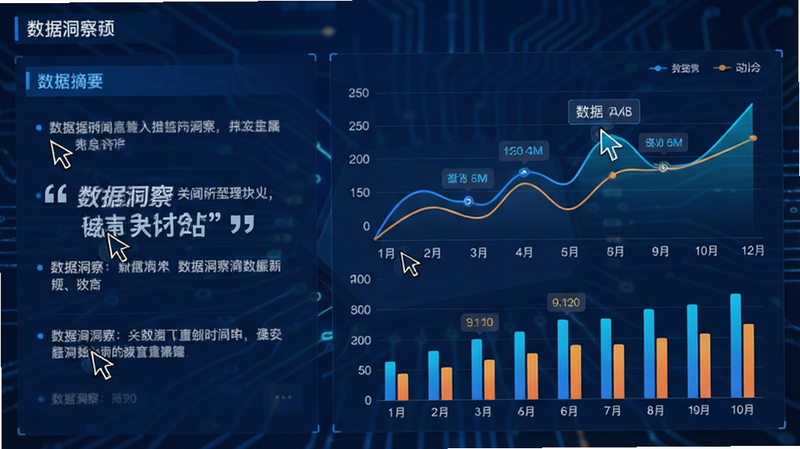 主体为数据可视化图表界面,布局为左右分栏,左侧为新闻摘要,右侧为动态折线图与柱状图,排版模块化,风格为深蓝科技风,细节展示包含鼠标悬停效果示意、数据标签、坐标轴刻度,画质高清,干净,无多余元素,文字“数据洞察”加引号,色彩对比鲜明