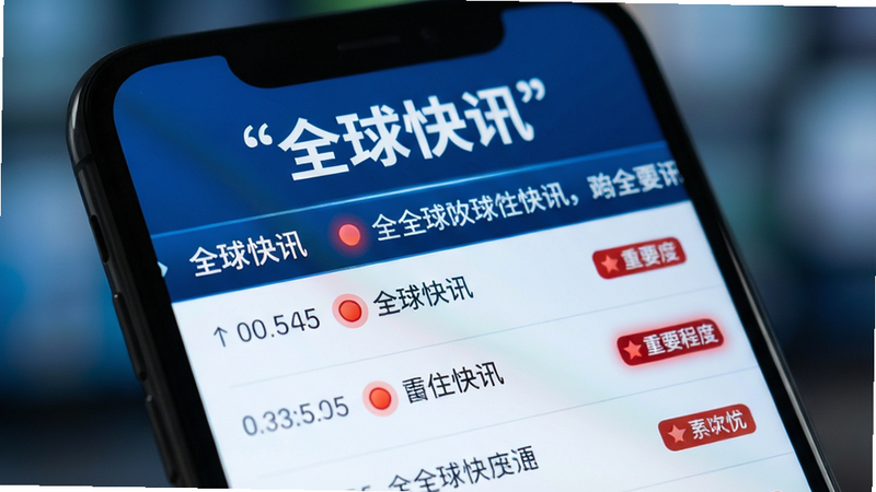 主体为手机屏幕特写,显示“全球快讯”滚动条,布局为顶部固定标题,下方为列表项,排版紧凑高效,风格为科技蓝调,细节展示包含时间戳、重要程度标识(红色高亮),画质清晰,干净,无多余元素,文字“全球快讯”加引号,背景虚化突出前景