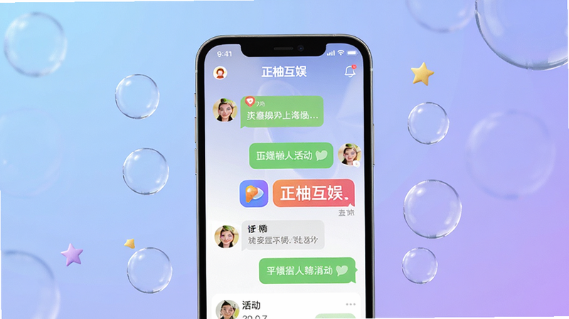 一张展示正柚互娱APP整体界面的概念图,画面中心是手机屏幕,显示着温馨的社交聊天界面和多彩的活动图标,背景是柔和的蓝色与紫色渐变,周围漂浮着气泡和星星元素,风格清新现代,高清渲染,无多余文字干扰,主体突出,布局整洁,画质细腻,干净背景