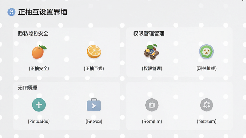 正柚互娱设置界面示意图,显示隐私安全和权限管理选项,背景为浅灰色,图标清晰,布局整齐,风格扁平化,细节清晰,无多余装饰,高清质感,干净背景,排版有序