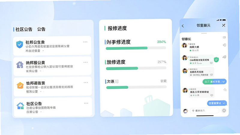 主体为i邦邻APP的界面全景展示,布局采用中心对称式卡片设计,左侧显示社区公告列表,右侧展示报修进度条与邻里聊天窗口,背景为柔和的浅蓝色渐变,风格现代简约扁平化,细节处包含清晰的图标与文字标签,画质高清8K,干净无多余元素