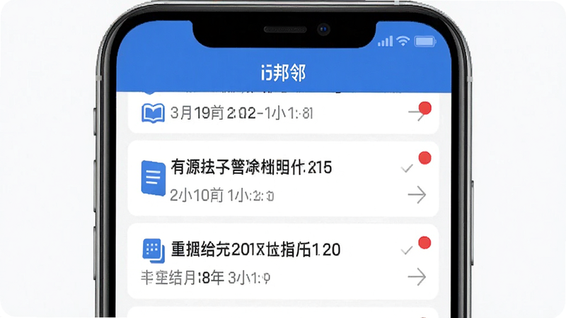 展示i邦邻APP的公告列表界面,主体为垂直滚动列表,每条公告包含标题、时间与红点标记,布局紧凑有序,风格简洁商务,细节处体现时间戳与分类图标,画质清晰锐利,干净背景,无杂色干扰