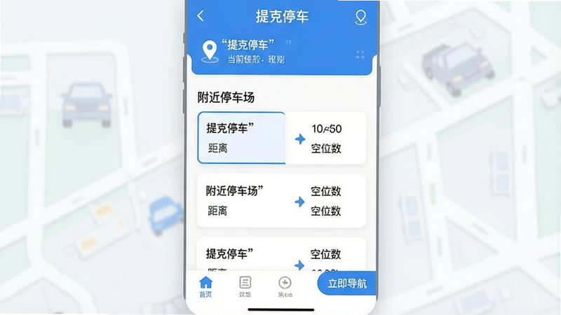 一张高清扁平化风格的UI设计预览图,主体为“提克停车”APP的主界面,布局清晰,顶部显示当前定位,中间是“附近停车场”列表卡片,包含距离、价格、空位数信息,底部是导航按钮,配色采用清爽的蓝白色调,画质清晰,无多余元素,文字加引号“提克停车”“附近停车场”“立即导航”