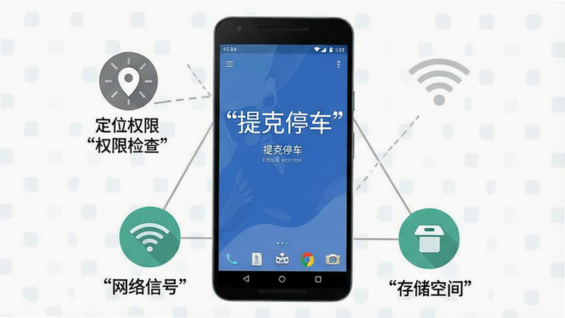 一张手机故障排查示意图,主体为一部安卓手机屏幕显示“提克停车”应用,旁边有三个图标分别代表“定位权限”“网络信号”“存储空间”,布局为三角形排列,风格扁平化,细节清晰,画质高清,文字加引号“提克停车”“权限检查”“网络优化”