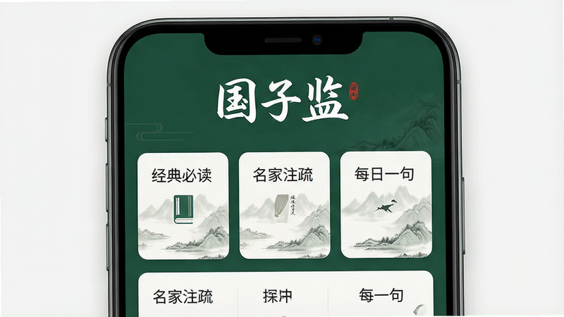 һ��չʾ�����ӼࡱAPP�ֻ�����ĸ������ͼ������Ϊ����ɫ������APP��ҳ�������С����Ӽࡱ��ɫ�鷨����Logo���·������š�����ض�����������ע�衱����ÿ��һ�䡱�ȷ��࿨Ƭ�����沼���������򣬲�������ʽ������ϸ�ڴ���׺�е���ˮīɽˮ�����������������޶���Ԫ��