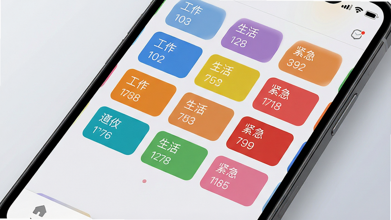 主体为手机界面特写,展示任务仓的标签管理页面,布局为网格状标签云,排版整齐有序,风格为清新商务风,细节包含彩色标签块和对应的任务数量统计,画质细腻,背景为浅灰色渐变,文字标签显示为“工作”、“生活”、“紧急”
