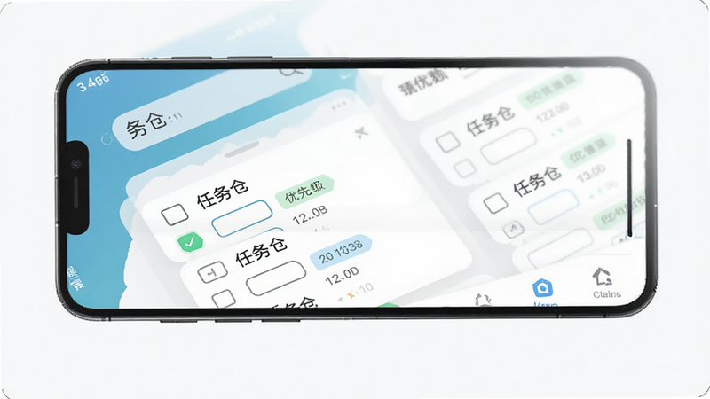 主体为手机屏幕界面,展示任务仓App的主界面,布局清晰分为顶部搜索栏、中部列表区域和底部导航栏,排版采用卡片式列表设计,风格为现代极简扁平化,细节包含勾选框、优先级标签和时间戳图标,画质高清4k,背景干净无杂乱元素,文字显示为“任务仓”