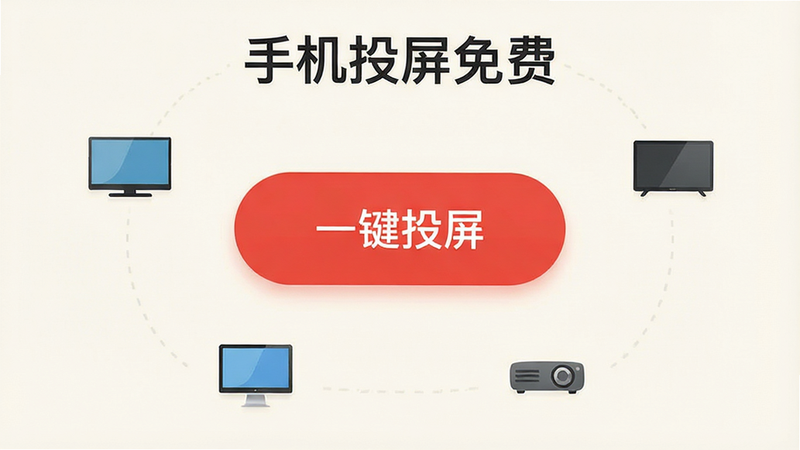 ����һ�Ų�������ʾ��ͼ��չʾһ�������ֻ�Ͷ��App���棬������һ���޴�ĺ�ɫ��һ��Ͷ������ť����Χ�����ż����������ӡ����ԡ�ͶӰ�ǵ��豸ͼ�꣬����Ϊ��͵ĻҰ�ɫ��������Ƹɾ����䣬ͻ�����ֻ�Ͷ����ѡ���Ӧ�����ƣ�ϸ���������߷ֱ���