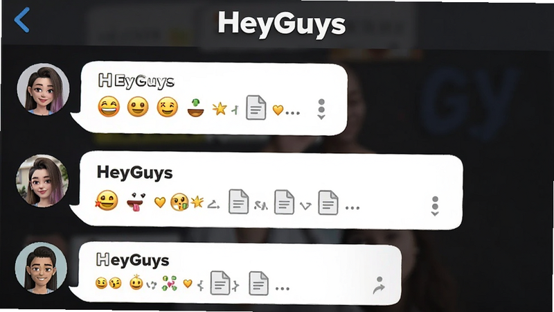 主体为HeyGuys群聊界面示意图,布局展示多人对话气泡,排版区分不同用户头像与昵称,风格活泼友好,细节包含表情符号与文件附件图标,画质高保真,干净,无杂乱背景,文字“HeyGuys”在顶部标题栏