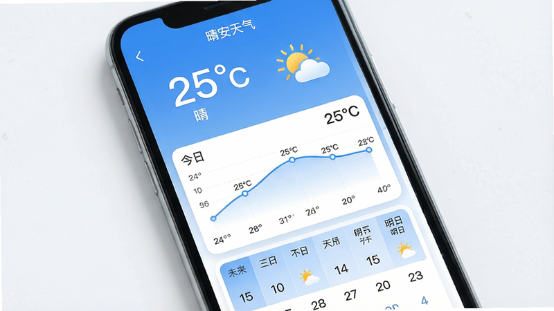 主体为手机屏幕界面,显示晴安天气APP首页,布局清晰,顶部是大号当前温度与天气图标,中部是24小时温度曲线,底部是未来15天日历视图,排版简洁现代,风格清新蓝白色调,细节处有柔和阴影,画质高清,干净,无多余元素,文字包含