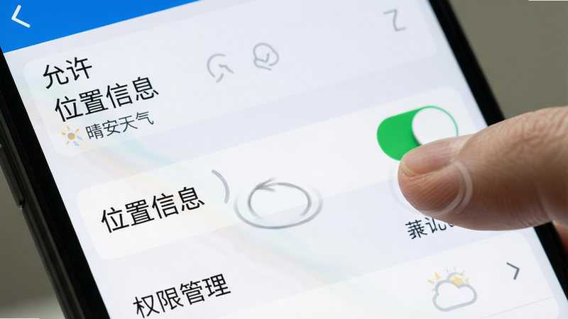主体为手机设置界面特写,显示权限管理页面,布局聚焦于“位置信息”开关,排版清晰,风格系统原生UI风格,细节处有手指点击开关的动作示意,画质清晰,干净,无多余元素,文字包含