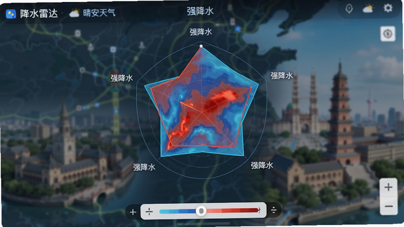 主体为地图界面,叠加了彩色雷达图,红色和蓝色区域表示降水强度,布局占据屏幕主要部分,排版包含底部缩放控件,风格科技感地图风格,细节处有城市地标模糊背景,画质高分辨率,干净,无多余元素,文字包含
